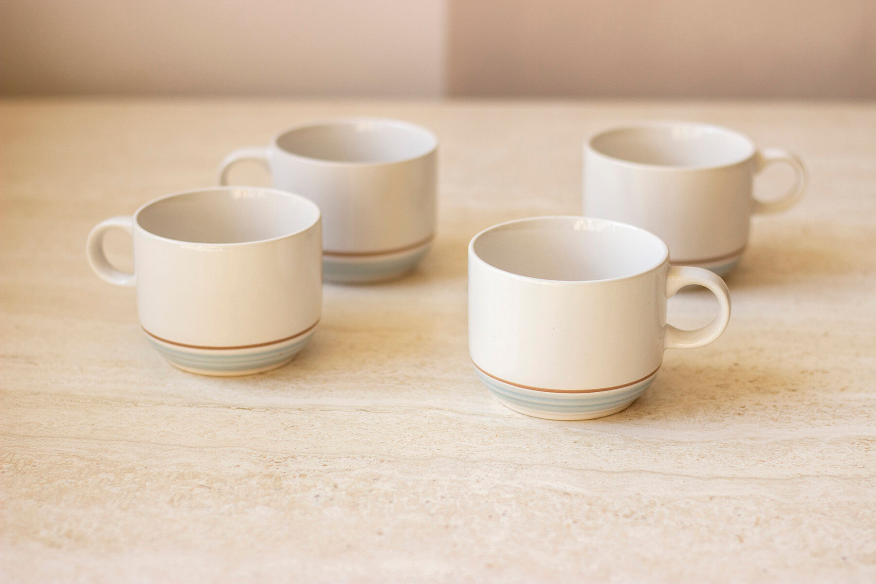 4 coffee cups - pale blue and brown border - Japan