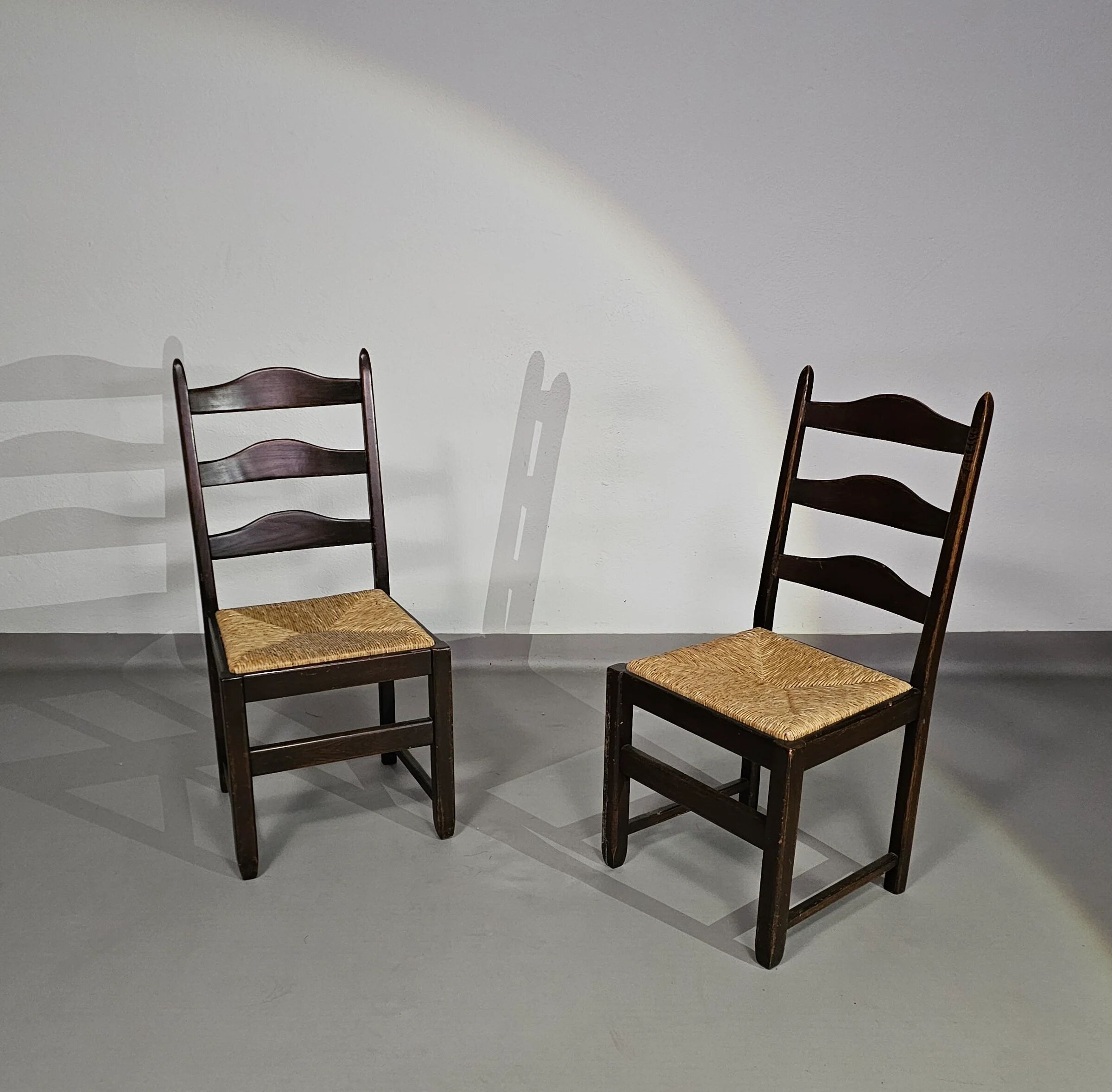 Set of 2 oak, rustic, farmhouse, ladderback dining chairs with rush seats