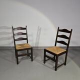 Set of 2 oak, rustic, farmhouse, ladderback dining chairs with rush seats