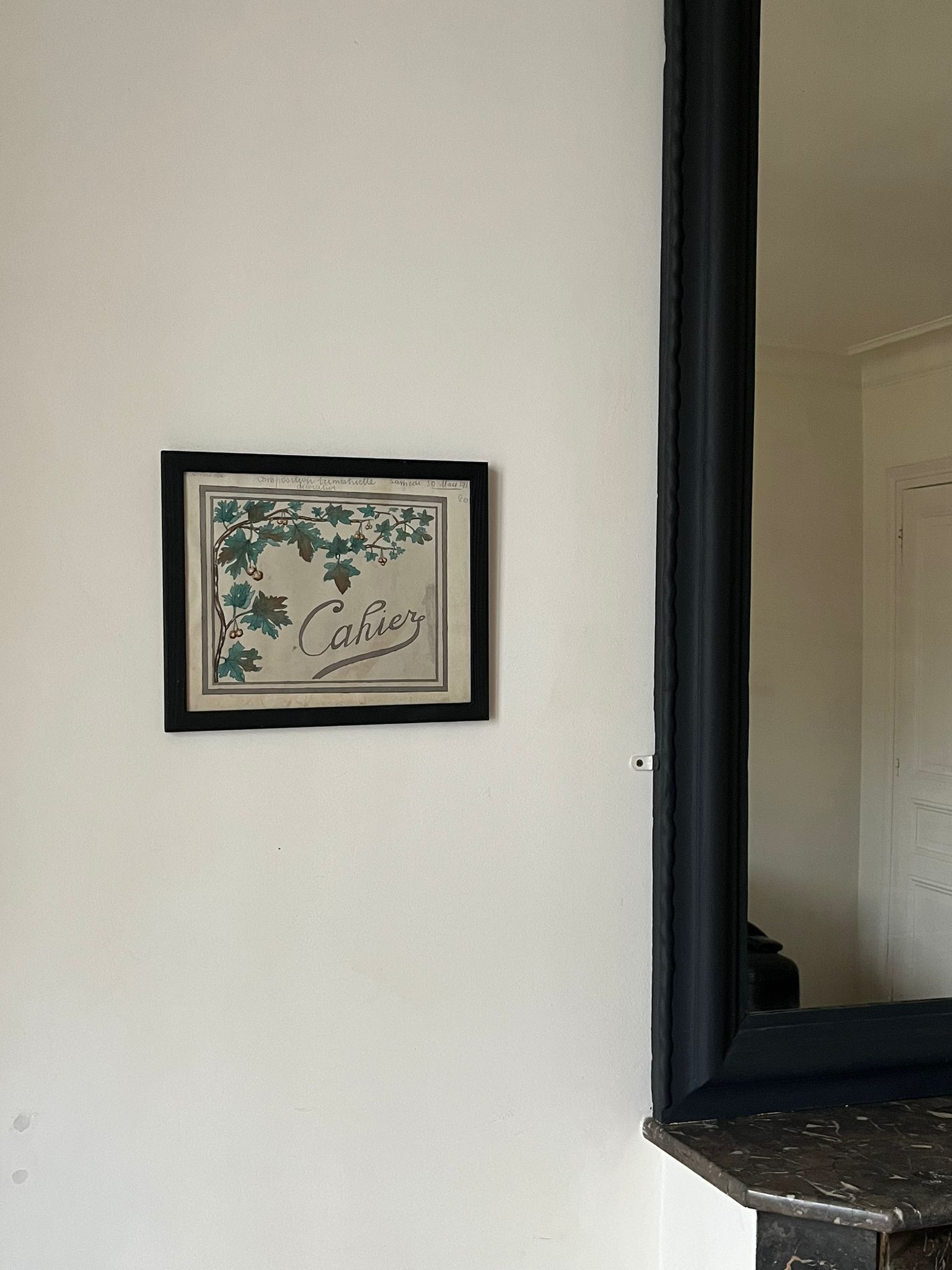 Watercolor decorated with leaves made by Renée Billette in 1912