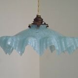 French Vintage 1930s Pale Blue Frilled Clichy Glass Lampshade Ceiling Light
