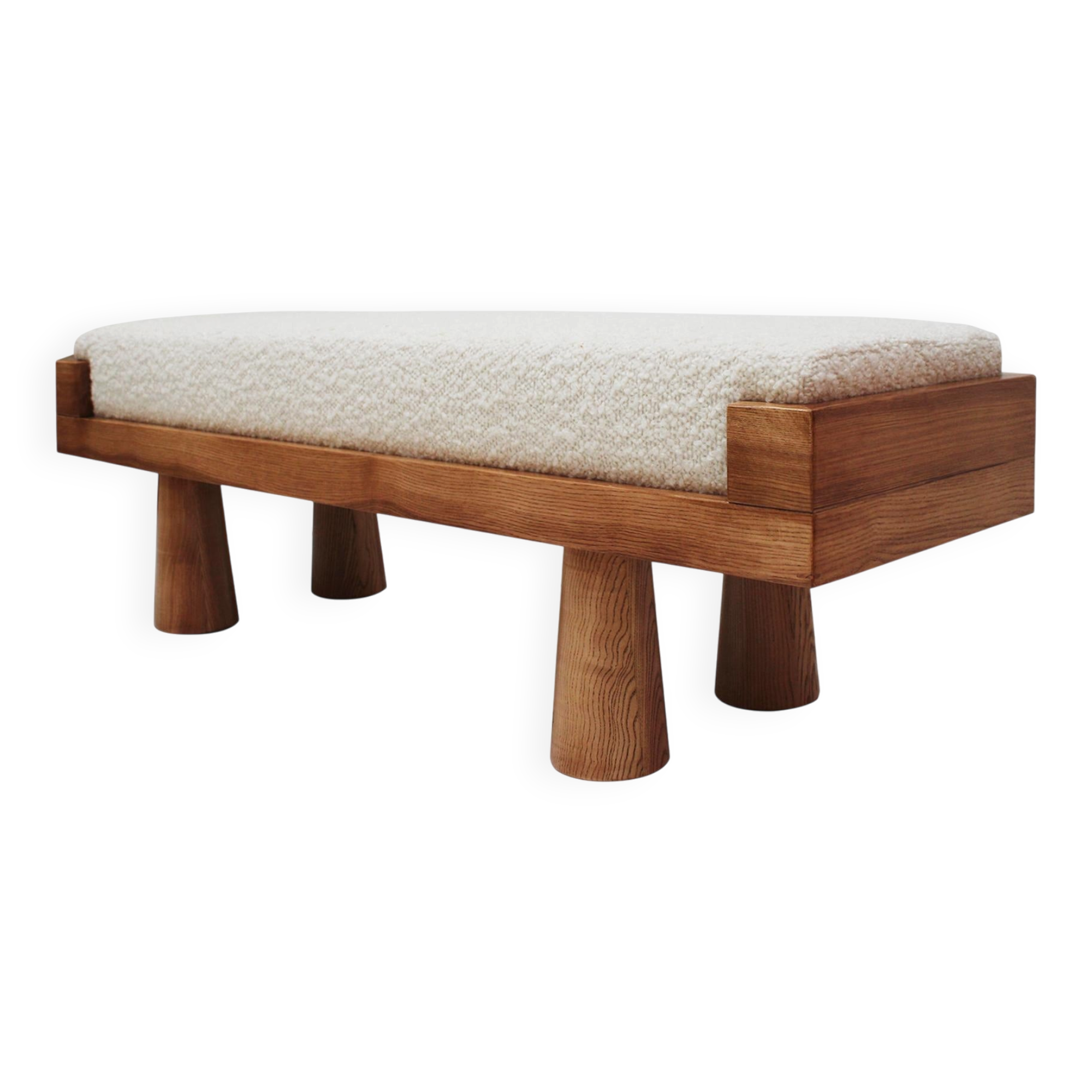 Contemporary Brutalist Style Bench in Solid Oak and Wool Bouclé, Italy