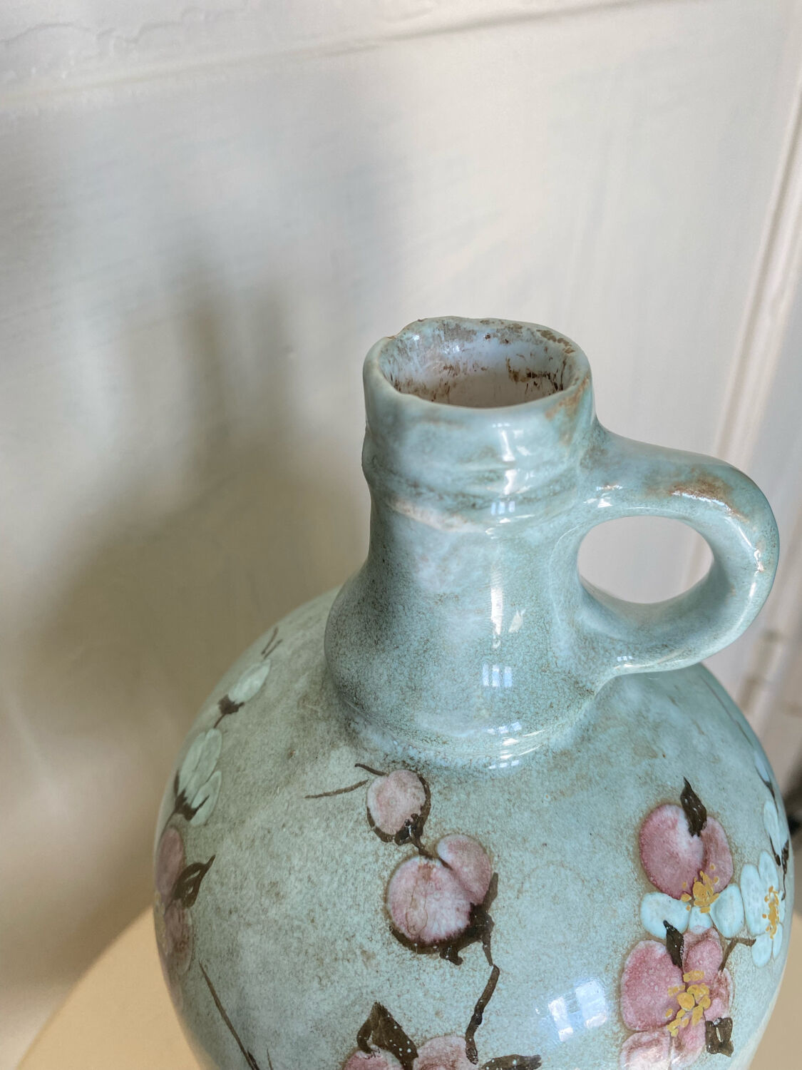 Signed ceramic bottle vase, cherry blossoms, 70s