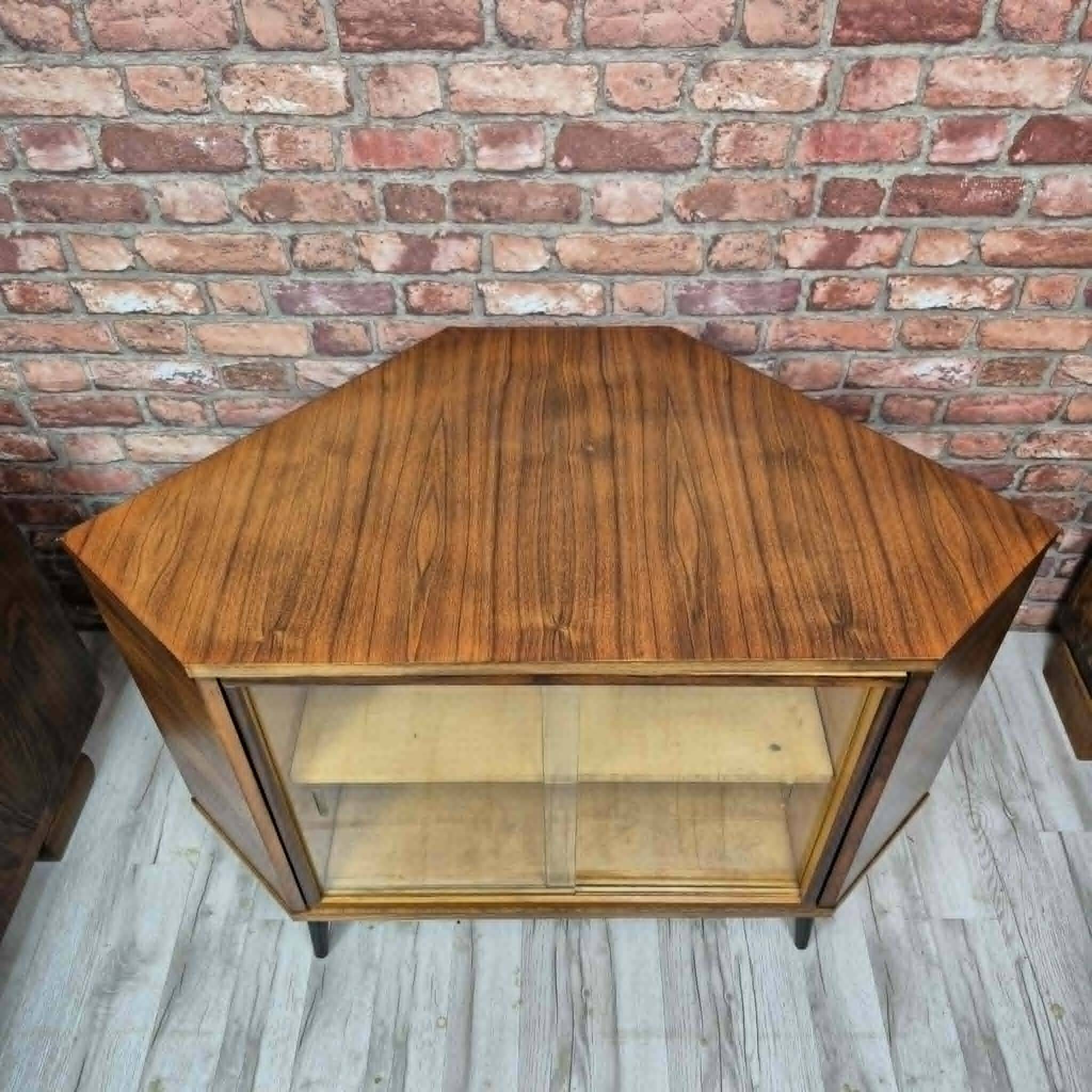 Rare Mid-Century Modern Walnut Corner Bar Cabinet with Revolving Carousel -