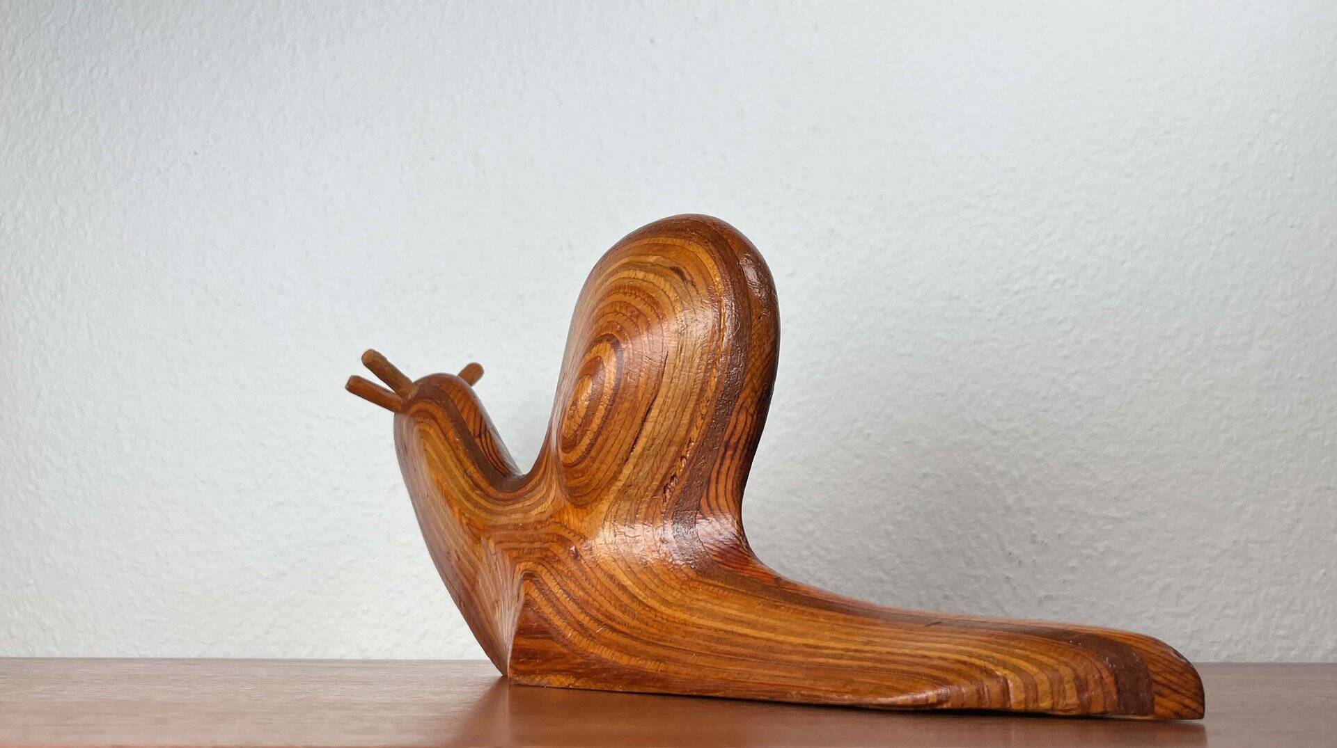 Large Danish carved wooden snail sculpture from the mid-century, 1960s.