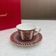 Pair of Baccarat Porcelain Coffee Cups and Saucers, Red Geometric Design