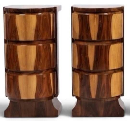 A pair of Art Deco bedside tables in beech wood & rosewood.