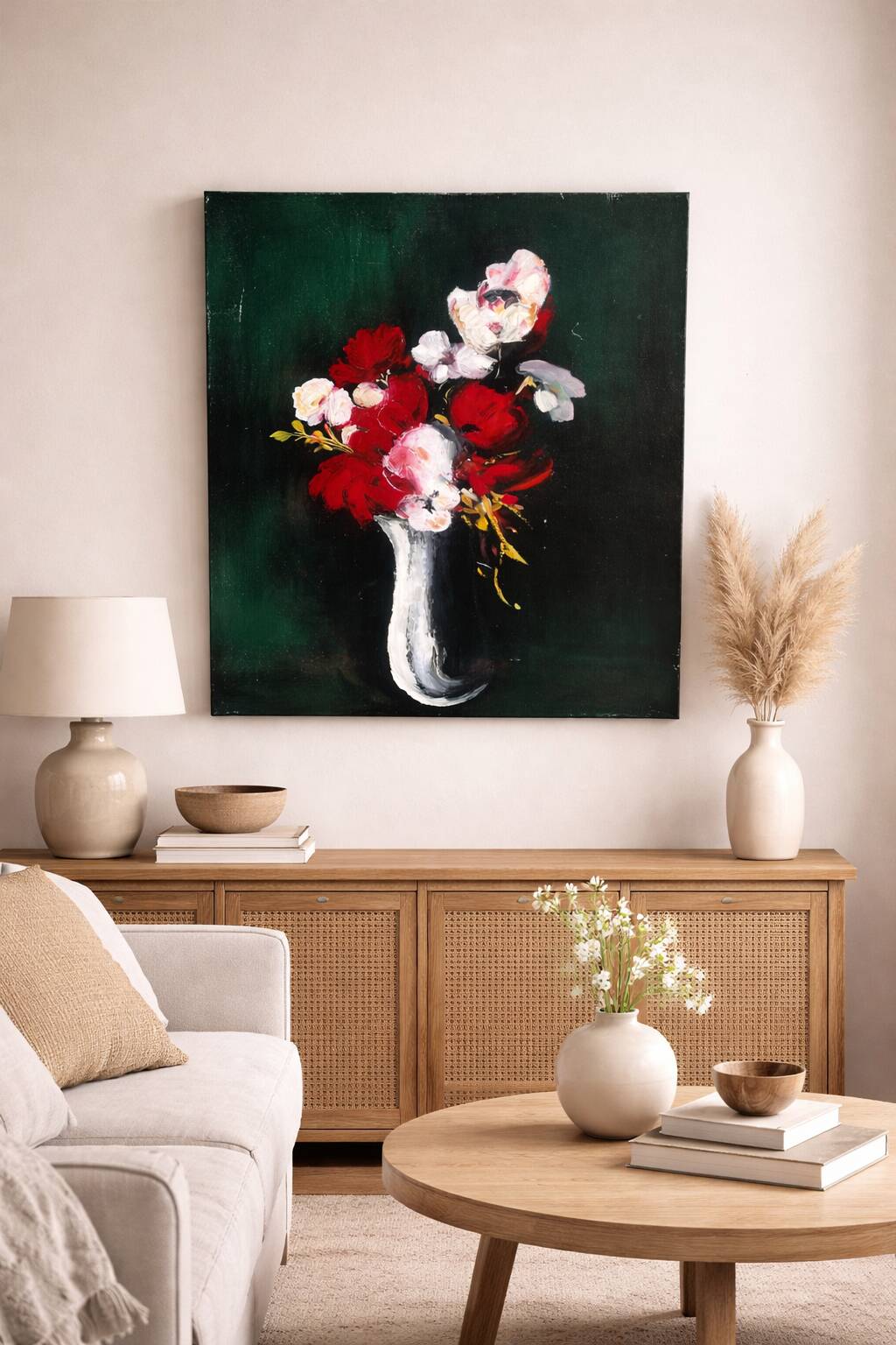 Large oil on canvas – Still life with red flowers – Vlaminck spirit –