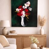 Large oil on canvas – Still life with red flowers – Vlaminck spirit –
