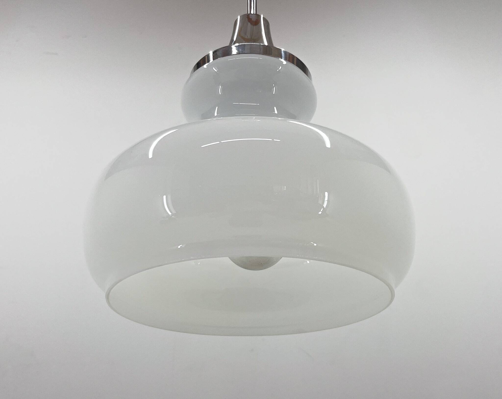 1970s Chrome & Milk Glass Pendant Light, Czechoslovakia