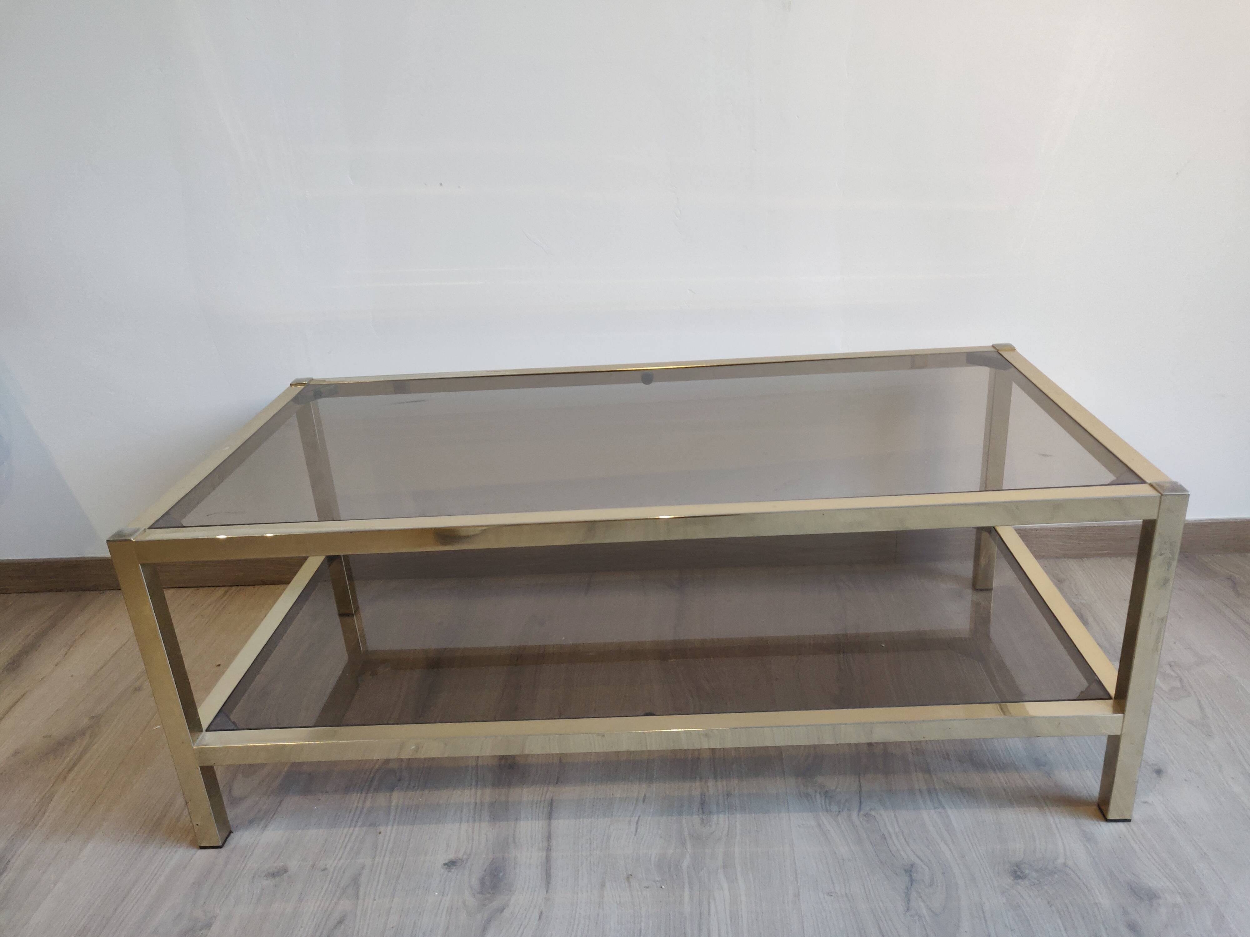 Coffee table in gilded brass smoked glass design 1970s