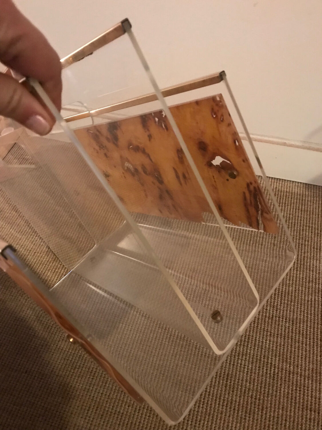 Lucite and brass magazine rack, 1970-80.