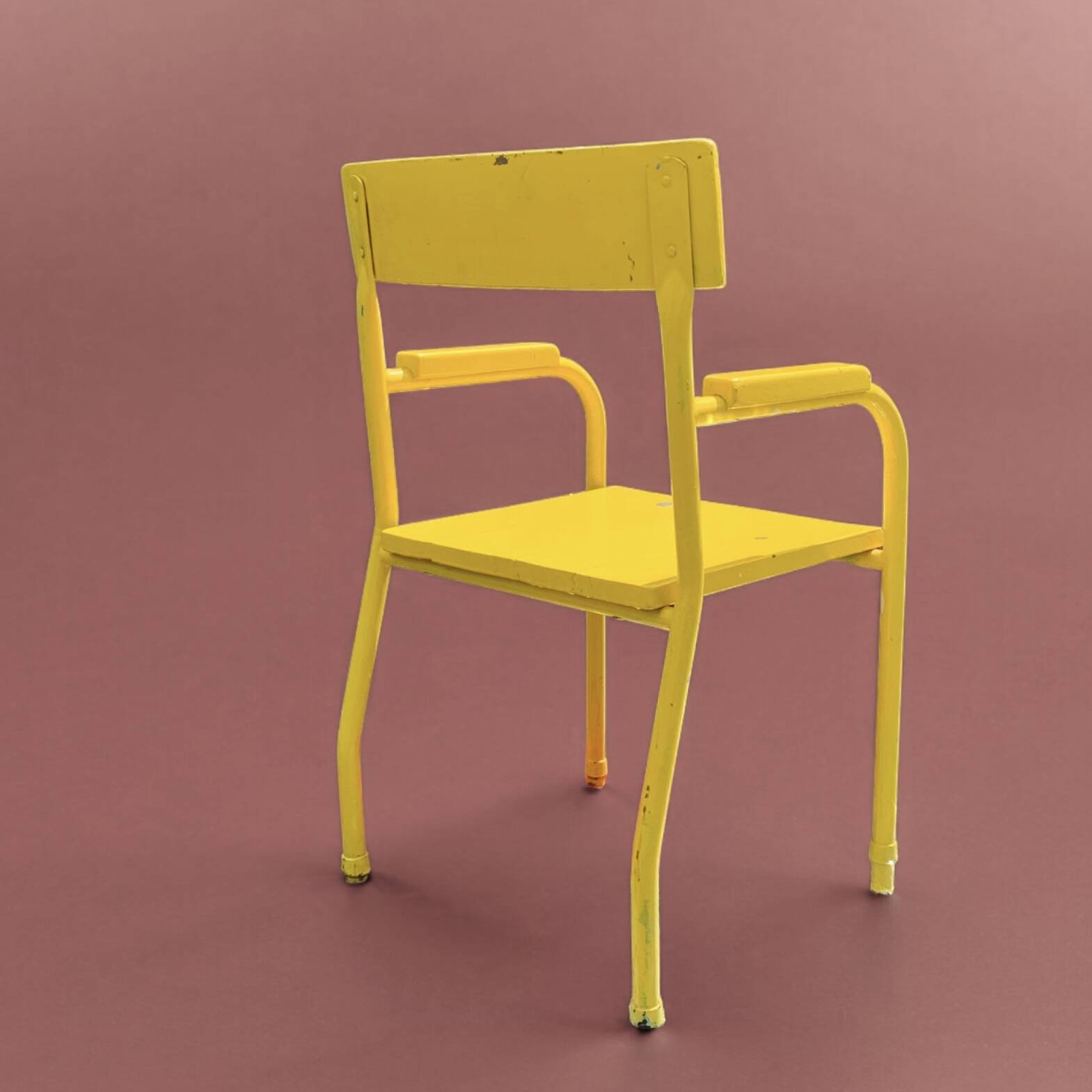 Vintage children's chair in yellow painted wood and metal