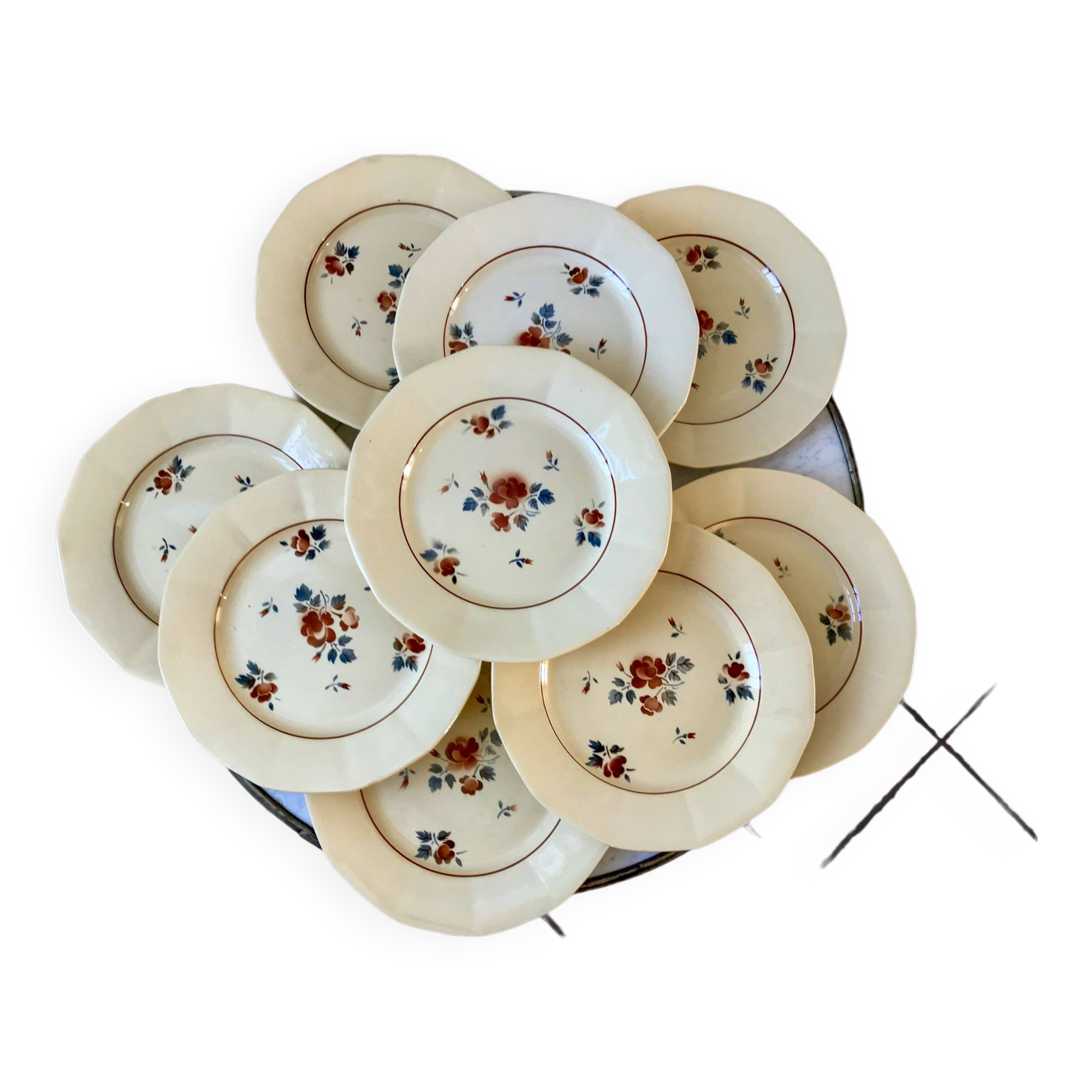 set of 9 Digoin Sarreguemines beige flat plates with pink flowers 1930s-40s