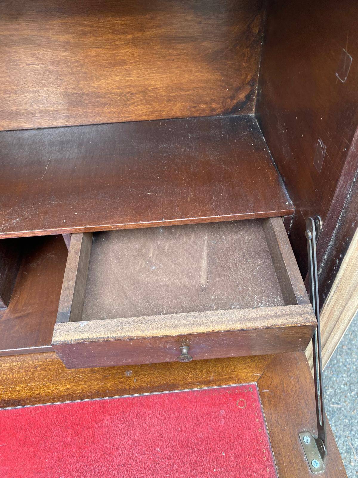 Secretary Louis XVI in stripped solid pine with a drop-down front and red leather, 1950.