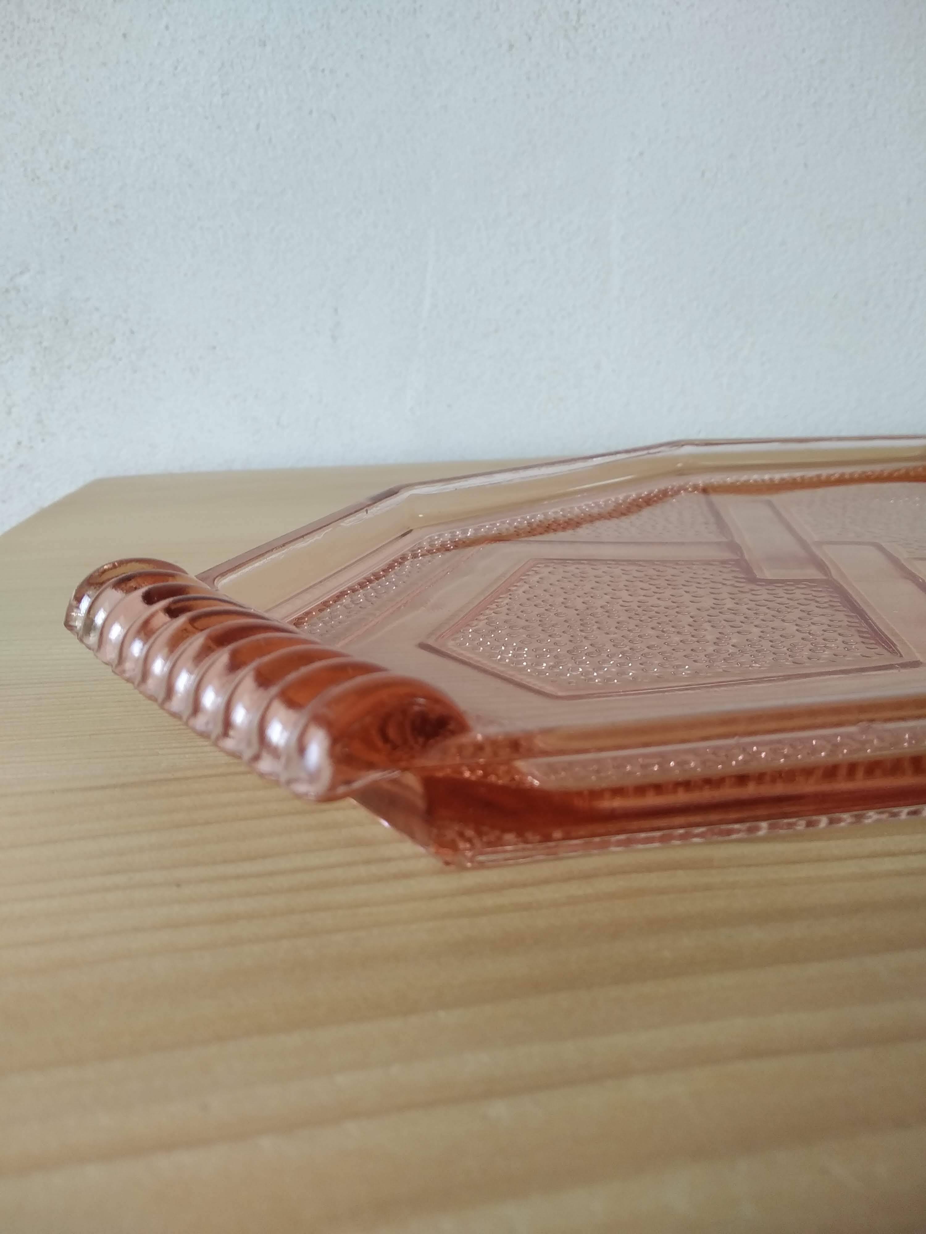 Art Deco pink pressed glass octagonal tray