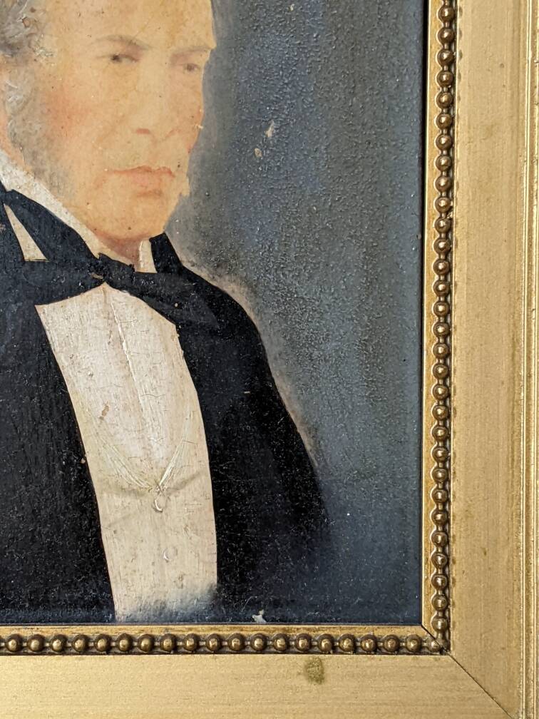 Oil on panel, old portrait, gilded wooden frame, country decoration