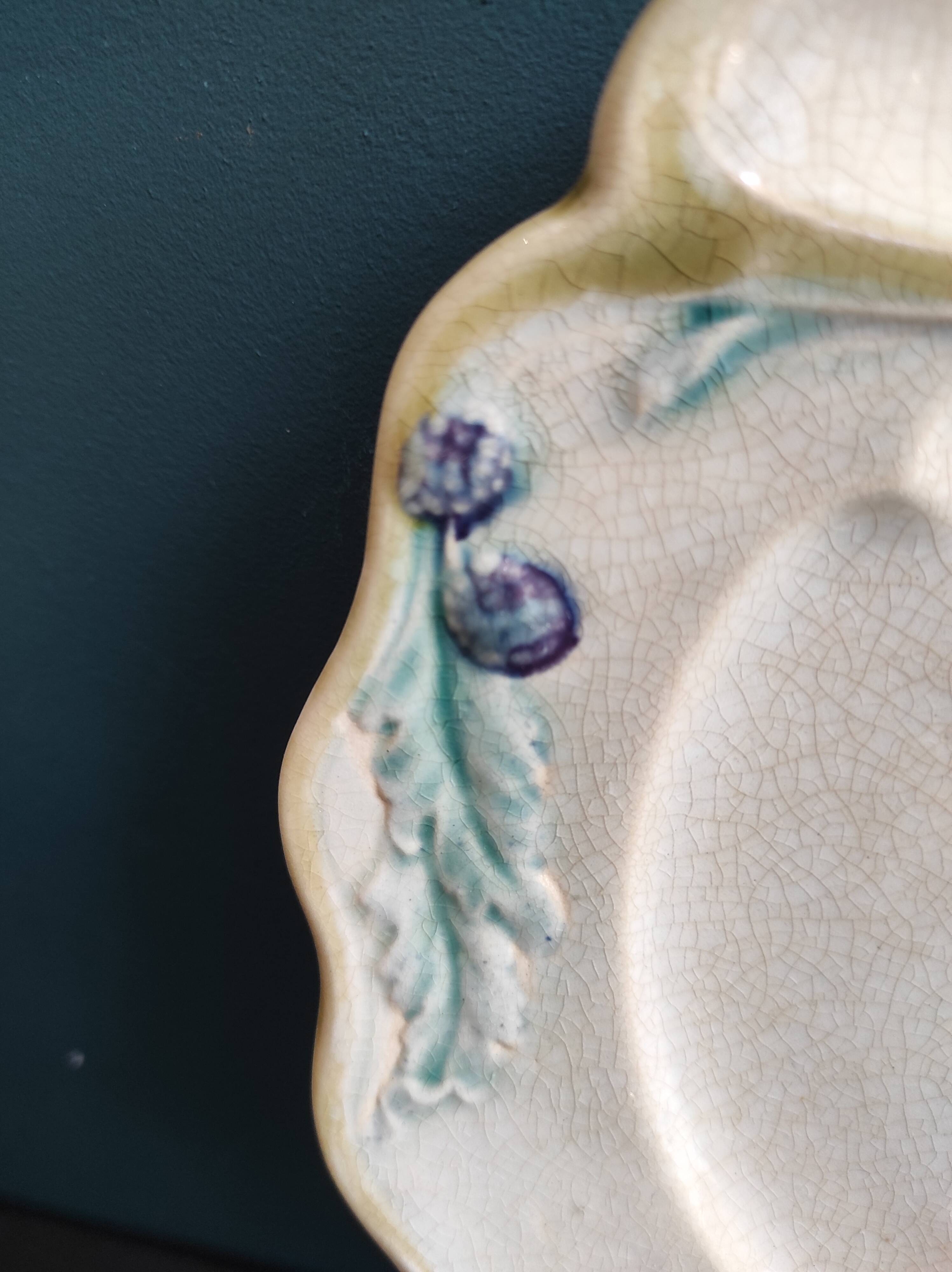 Set of 2 antique French fondue or artichoke plates in Majolica