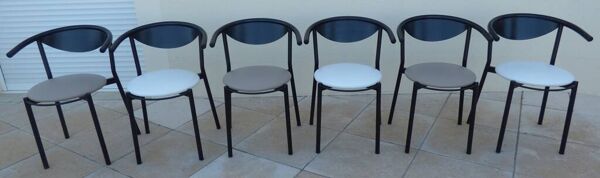 6 Chaises de style gondole structure métallique cossu et simili cuir