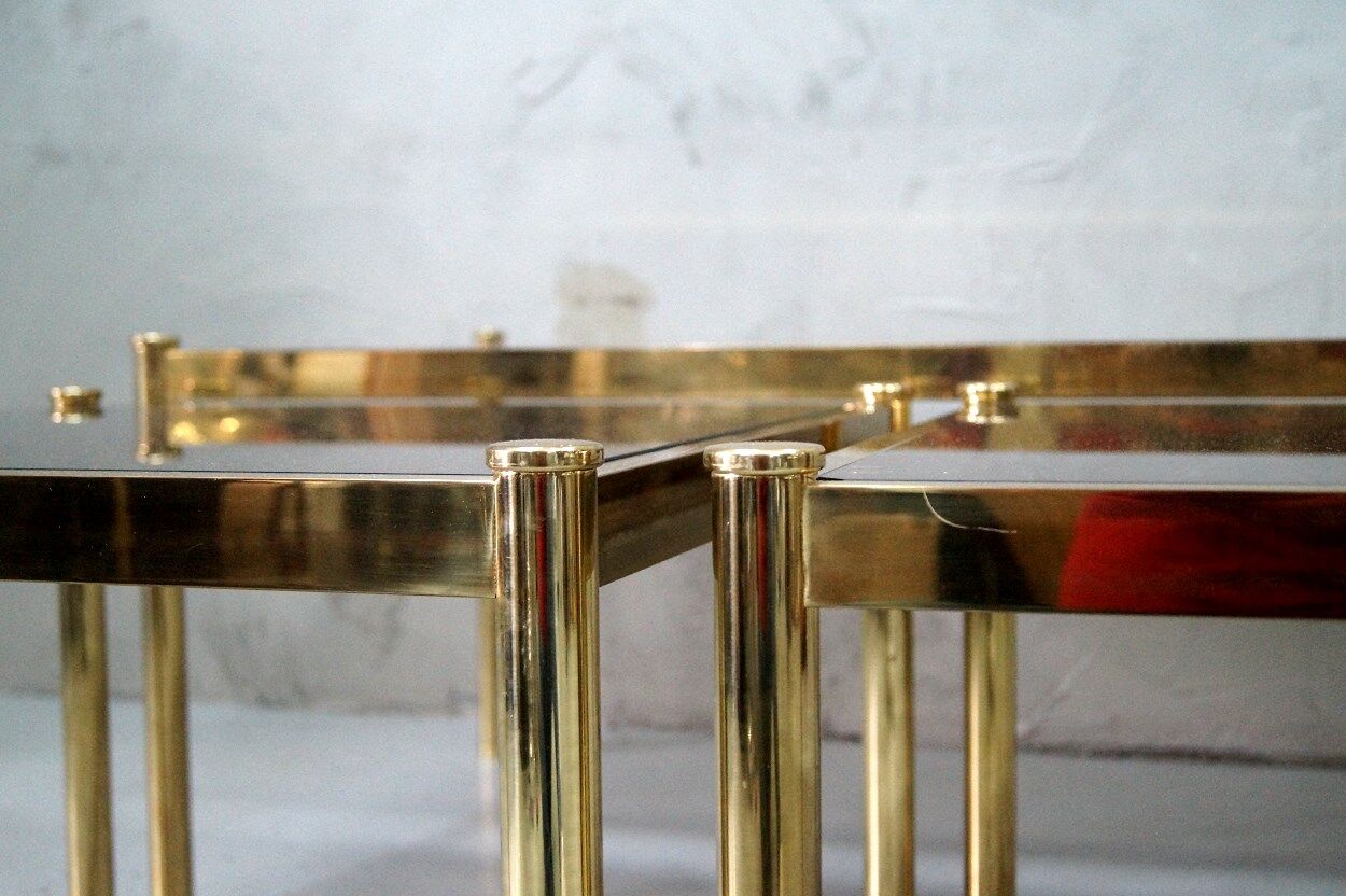 Set of 3 Italian minimalist brass coffee tables, 1970s