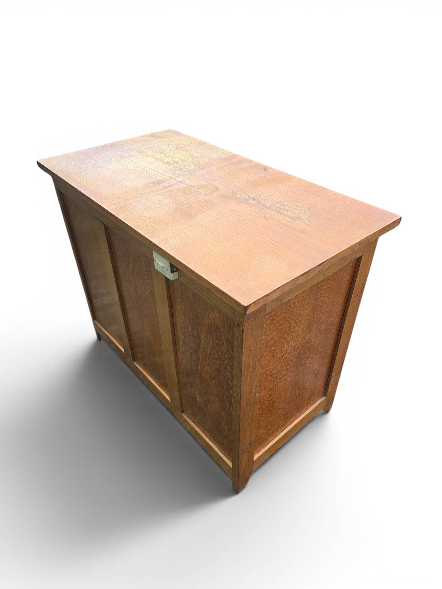 Vintage oak desk with a drawer unit and sliding shelf.