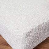 Vintage armchair in pearl white bouclé with walnut wood, 1960.