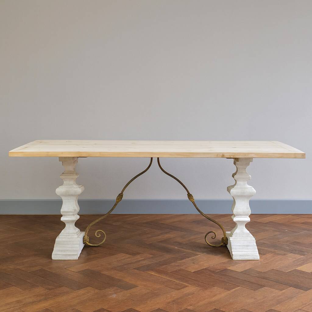 Industrial table with sandblasted top and bleached legs.