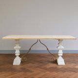 Industrial table with sandblasted top and bleached legs.