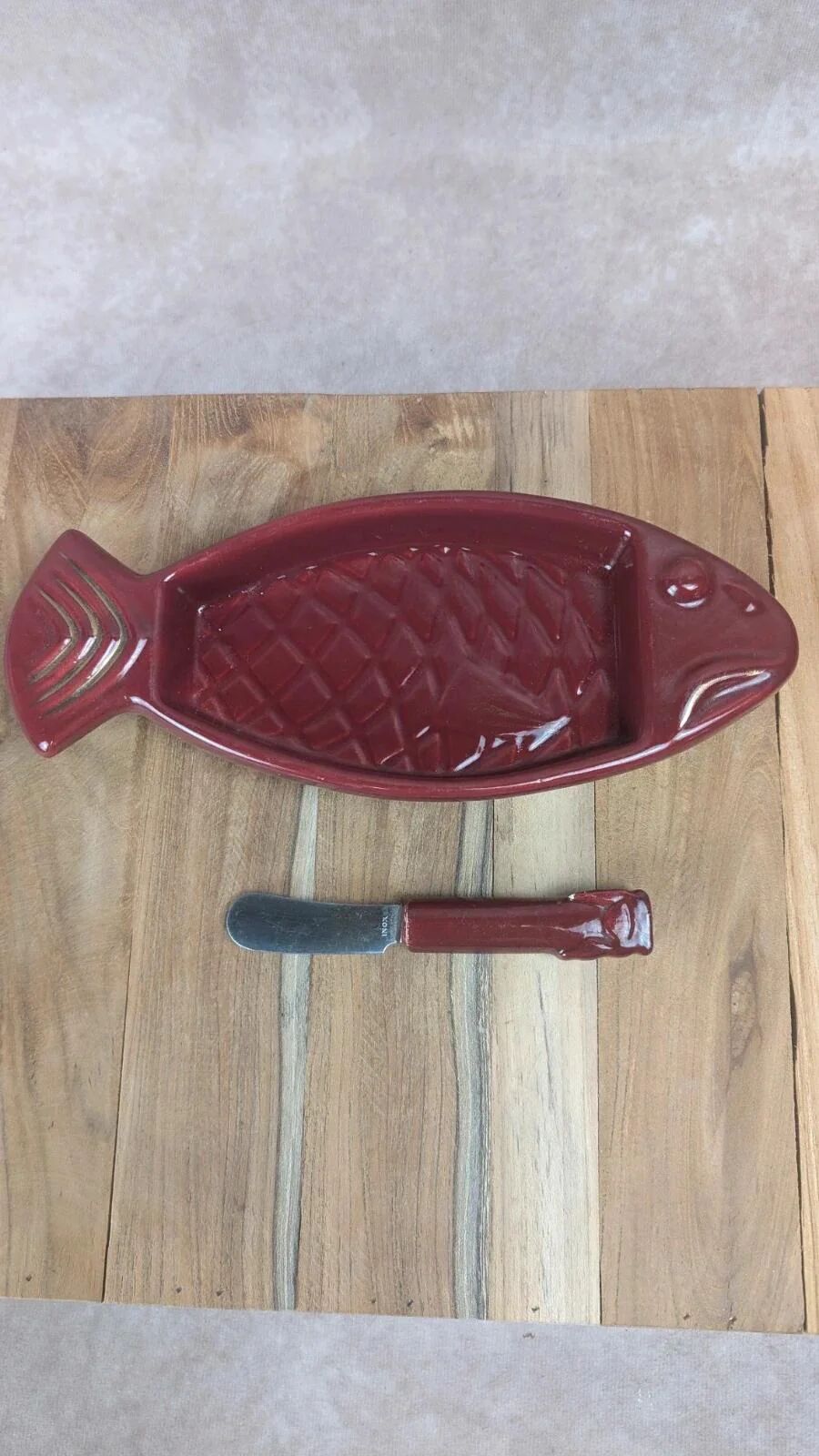 Vintage red ceramic butter dish + matching knife