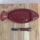 Vintage red ceramic butter dish + matching knife