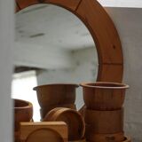 Large round wall mirror in solid pine by Glasmäster Markaryd, Sweden, 1960s.