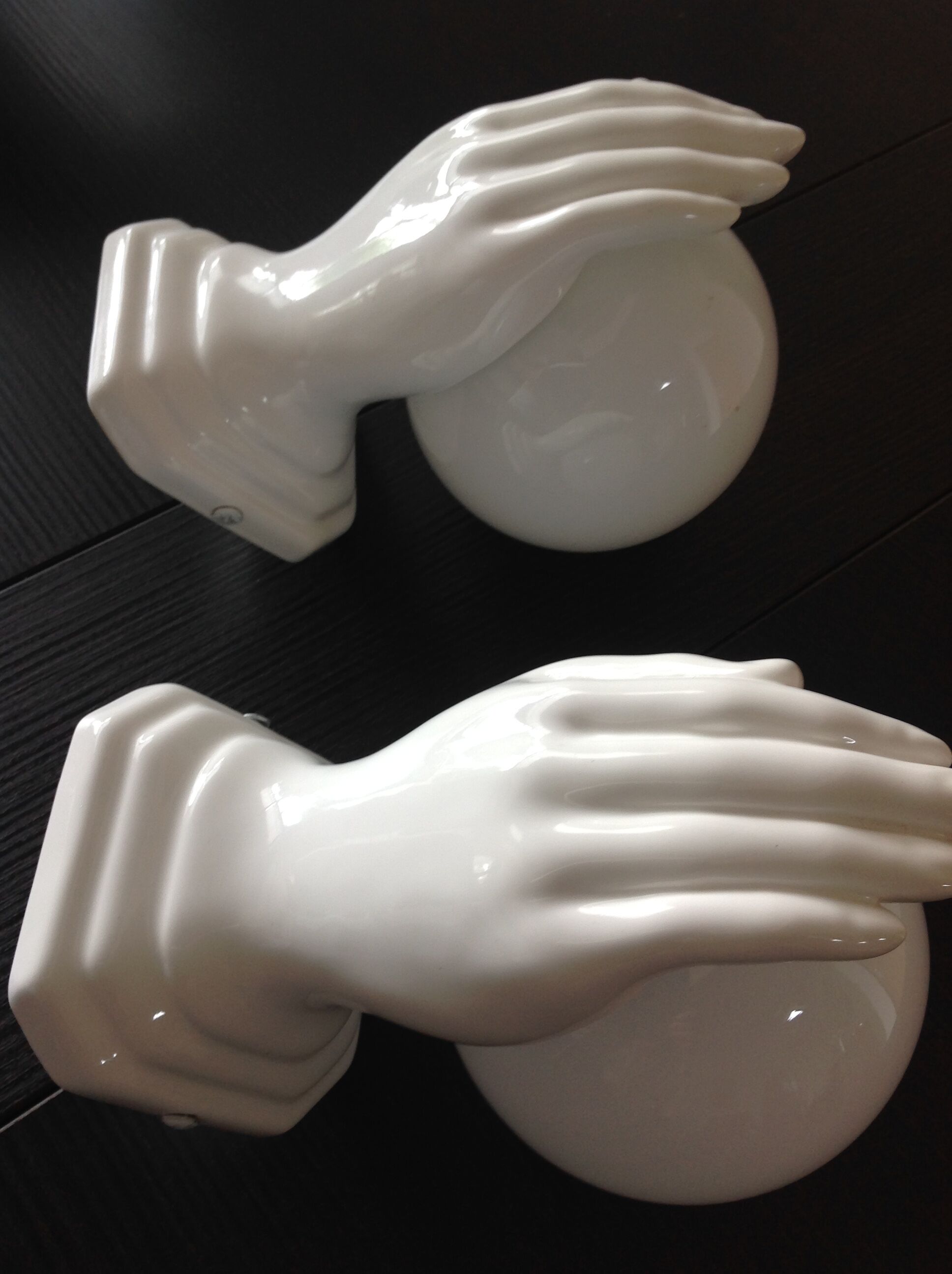 Pair of hand ceramic and opaline wall lamps vintage