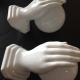 Pair of hand ceramic and opaline wall lamps vintage