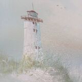 Oil on canvas seascape ocean, lighthouse and beach, signed J. Thompson