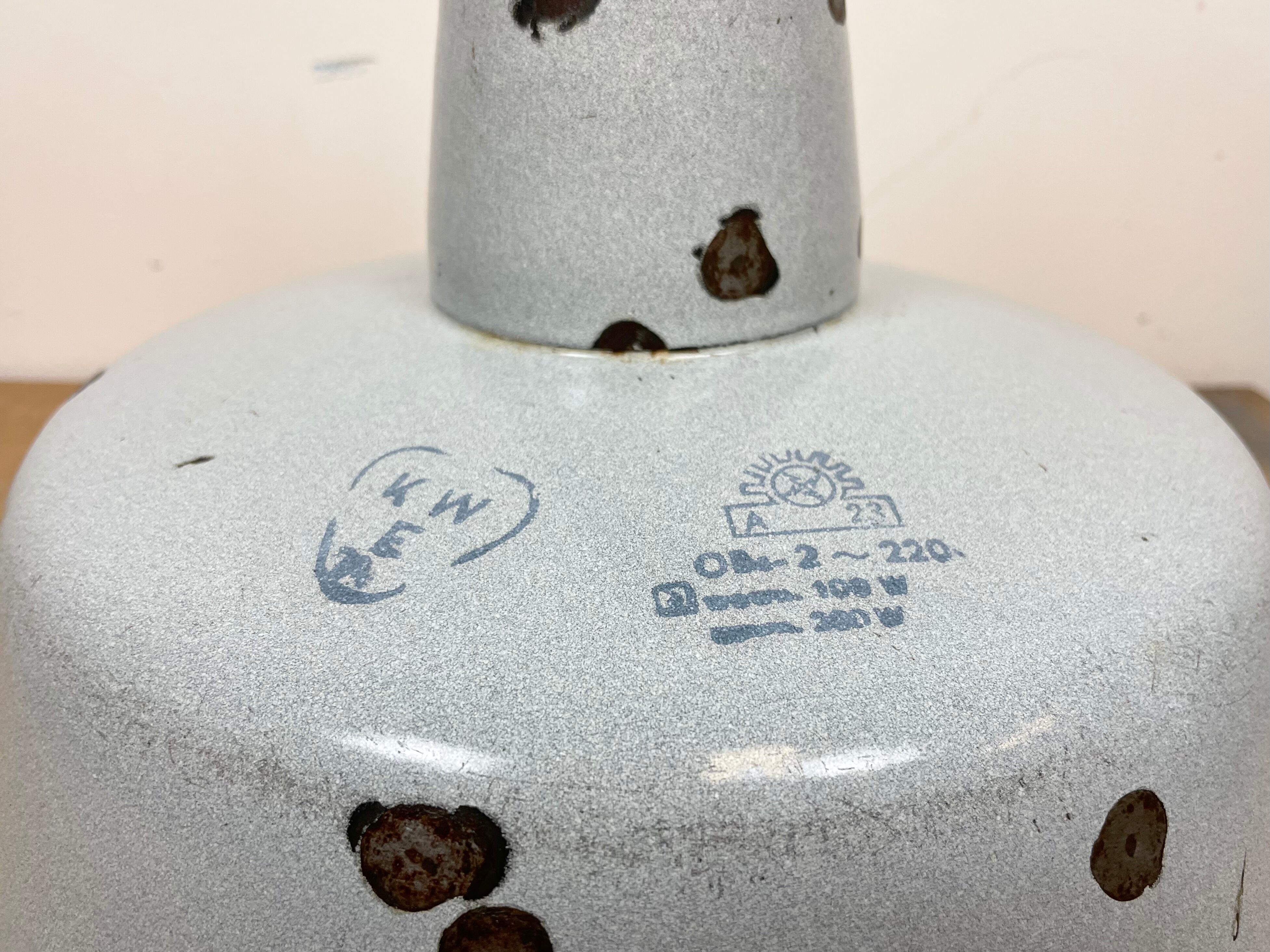 Industrial Grey Enamel Factory Lamp with Cast Iron Top, 1960s