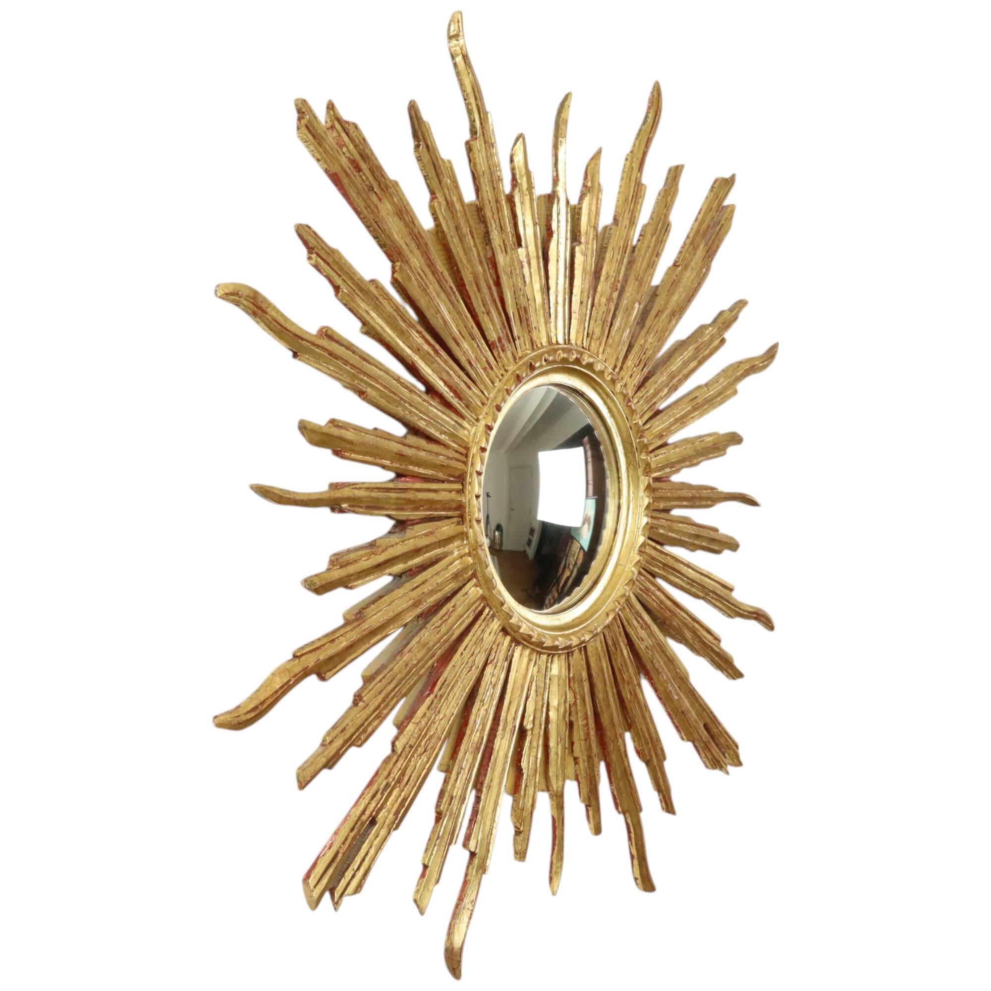 Large Gold Leaf Gilded Wooden Sun Mirror Sunburst Mirror 75cm