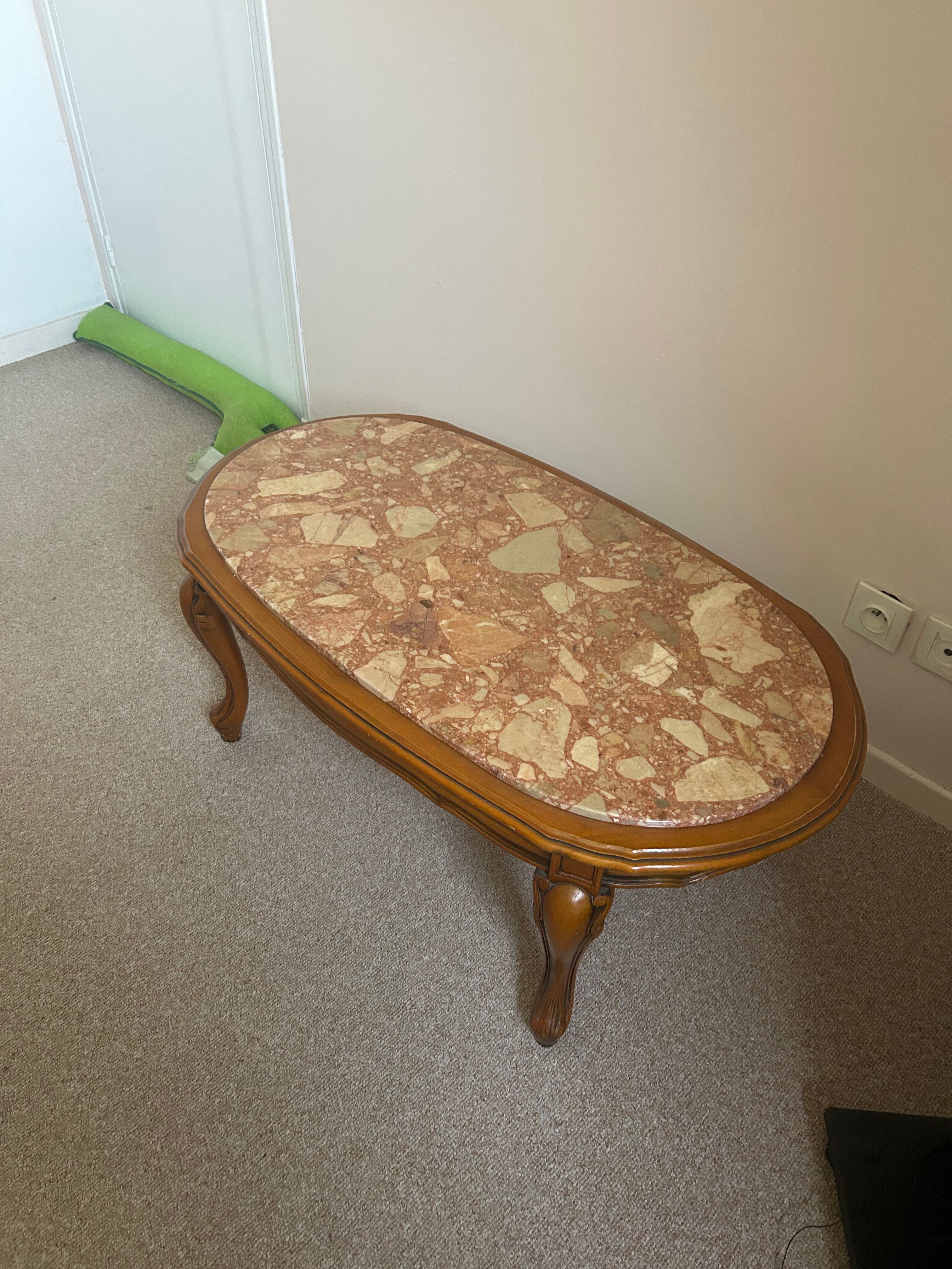 Louis XV style coffee table with marble and solid wood.