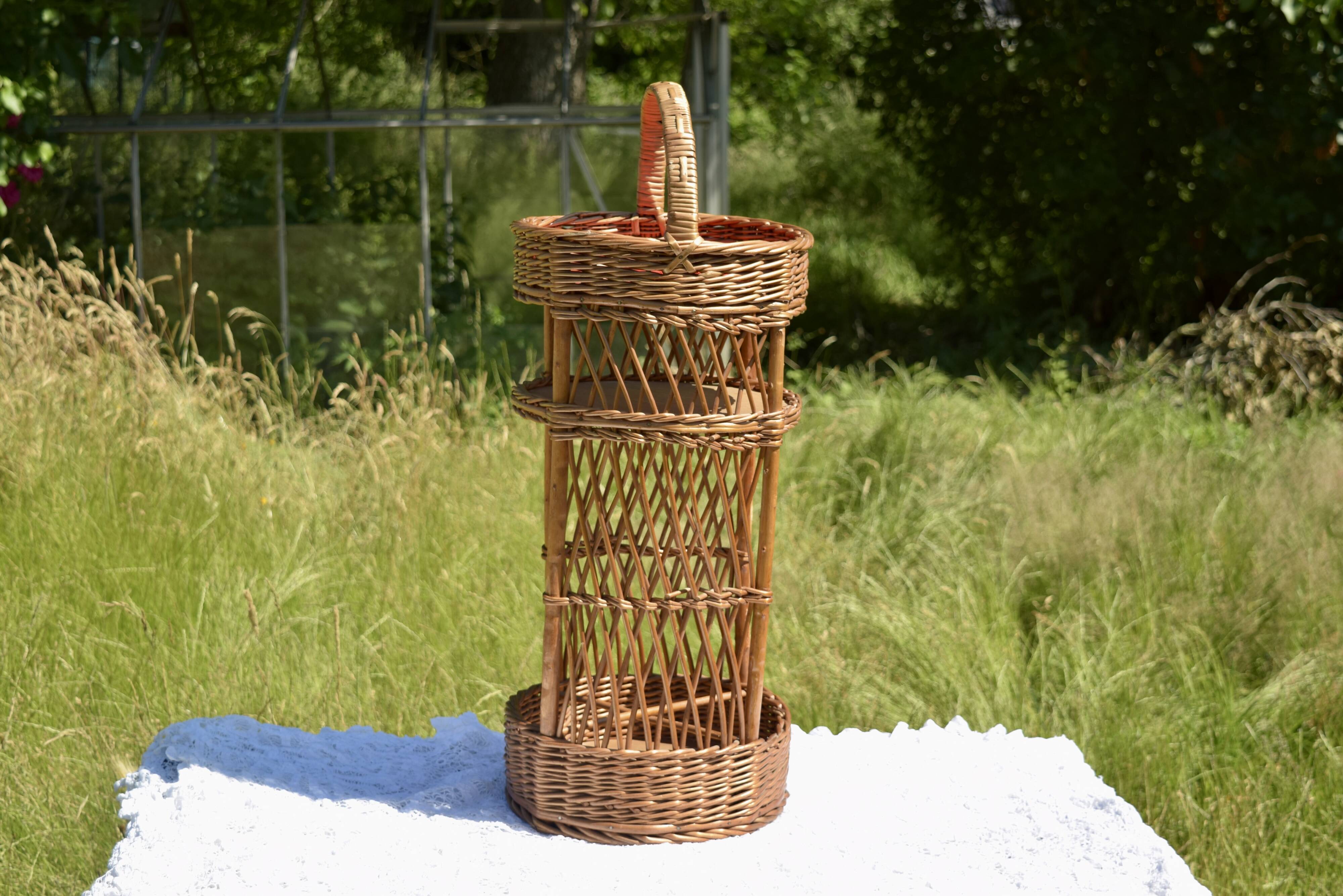 Wicker bottle holder basket with slots for plates and glasses - 1970s