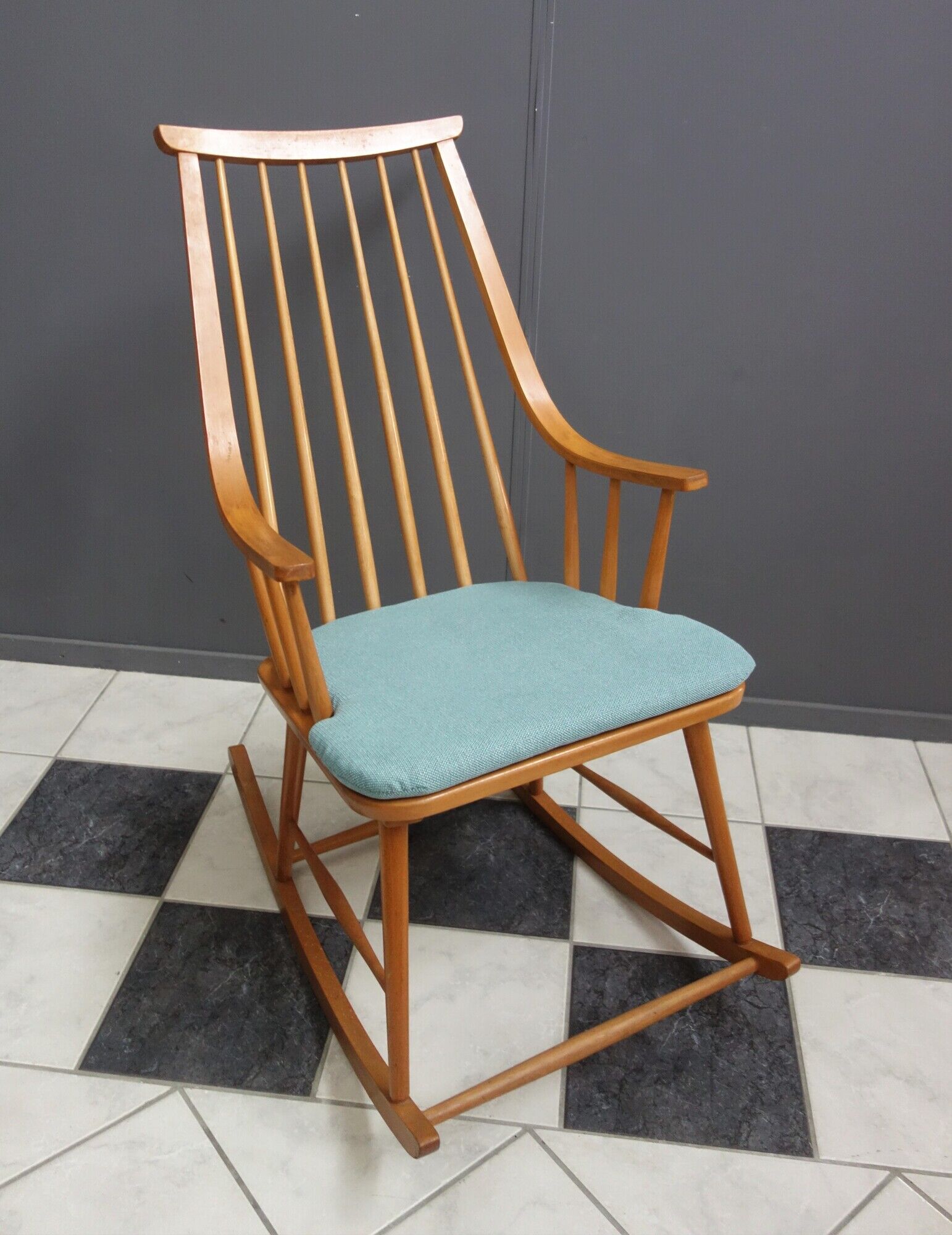Mid century wooden rocking chair with blue upholstery  1960s