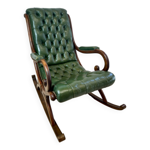 Rocking-chair vintage en cuir vert capitonné et bois