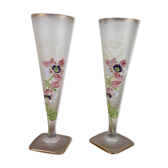 Pair of Frosted Glass Cornet Vases after Montjoye by Legras Art Nouveau period circa 1900