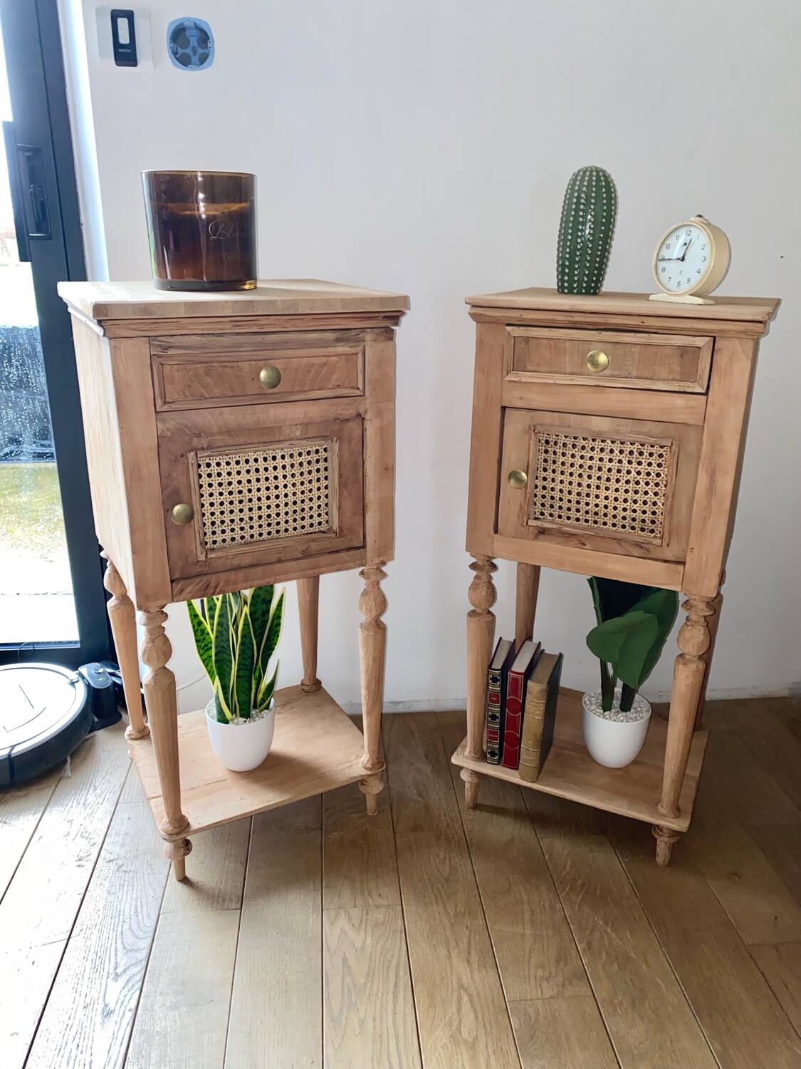 Pair of solid wood cane bedside or nightstands