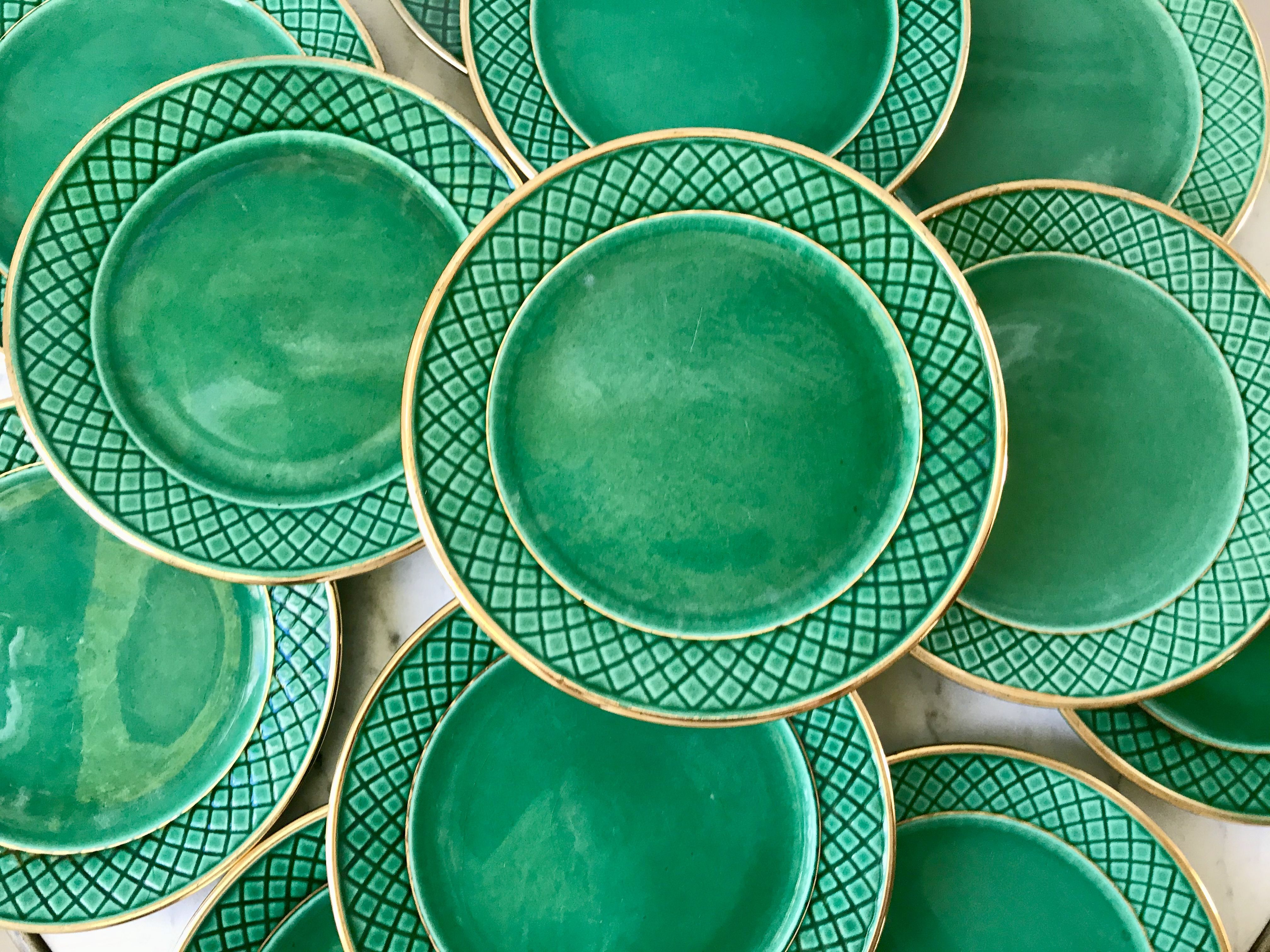 dessert service 12 dessert plates and a green and golden Art Deco cake dish 40s