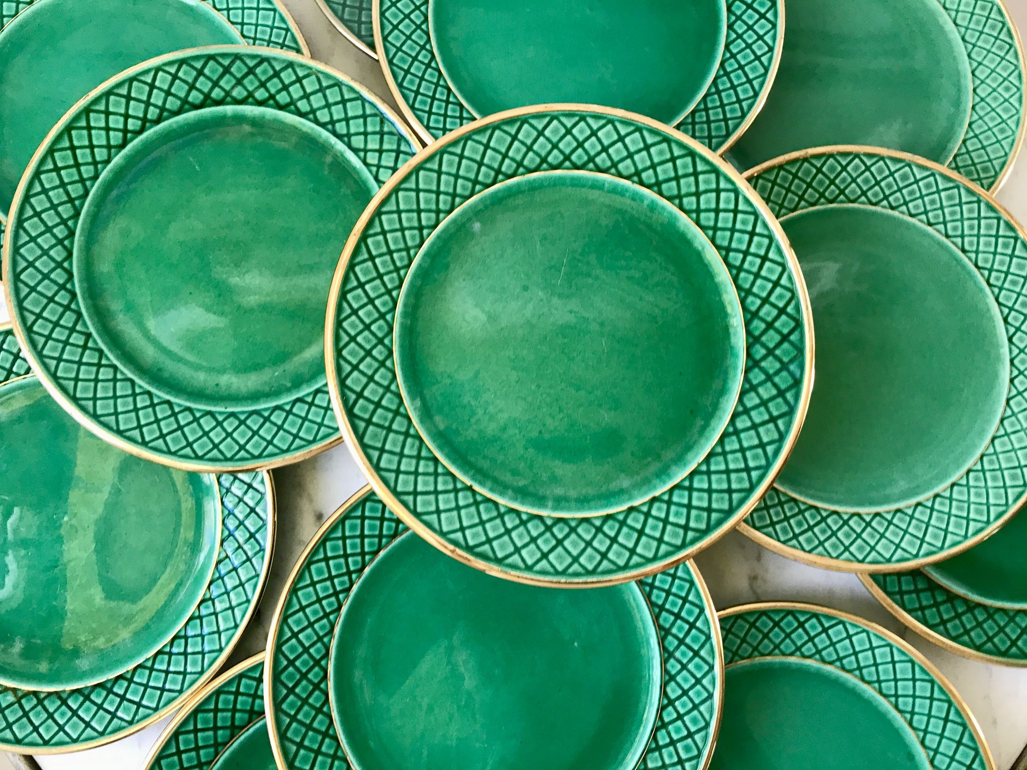 dessert service 12 dessert plates and a green and golden Art Deco cake dish 40s