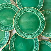 dessert service 12 dessert plates and a green and golden Art Deco cake dish 40s