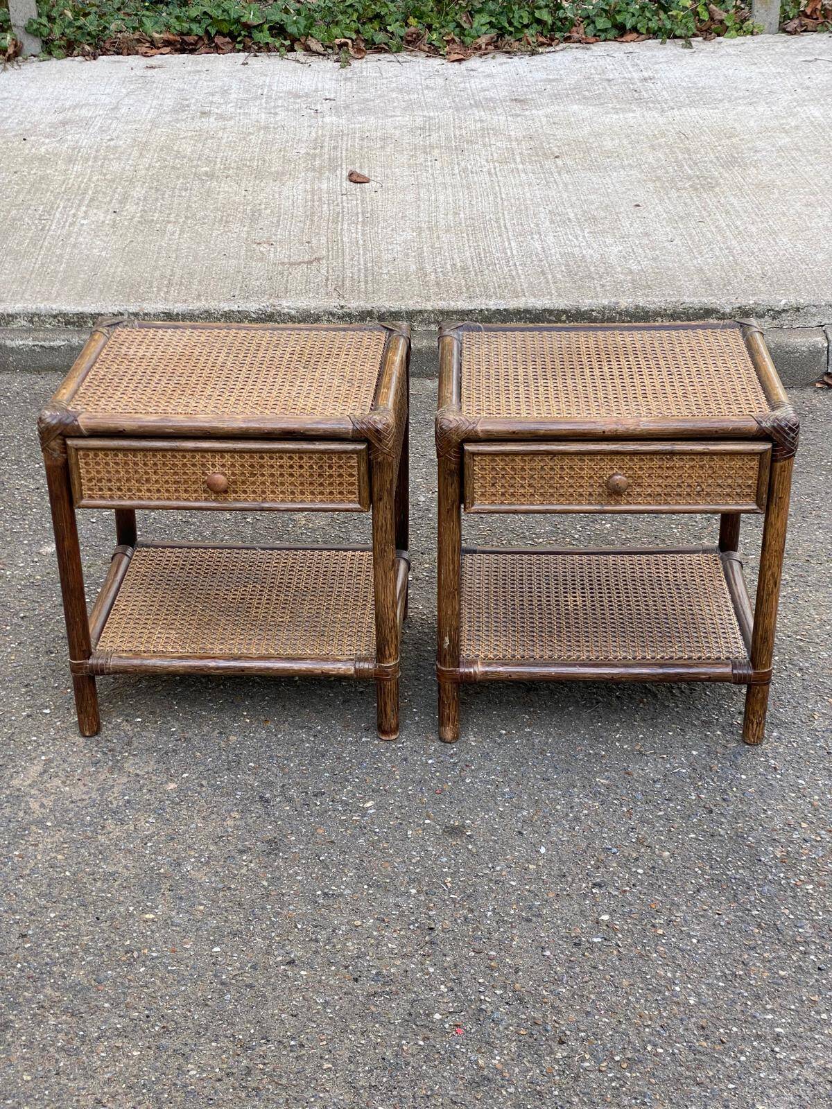 Pair of vintage bedside tables in rattan and caned wicker.