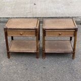 Pair of vintage bedside tables in rattan and caned wicker.
