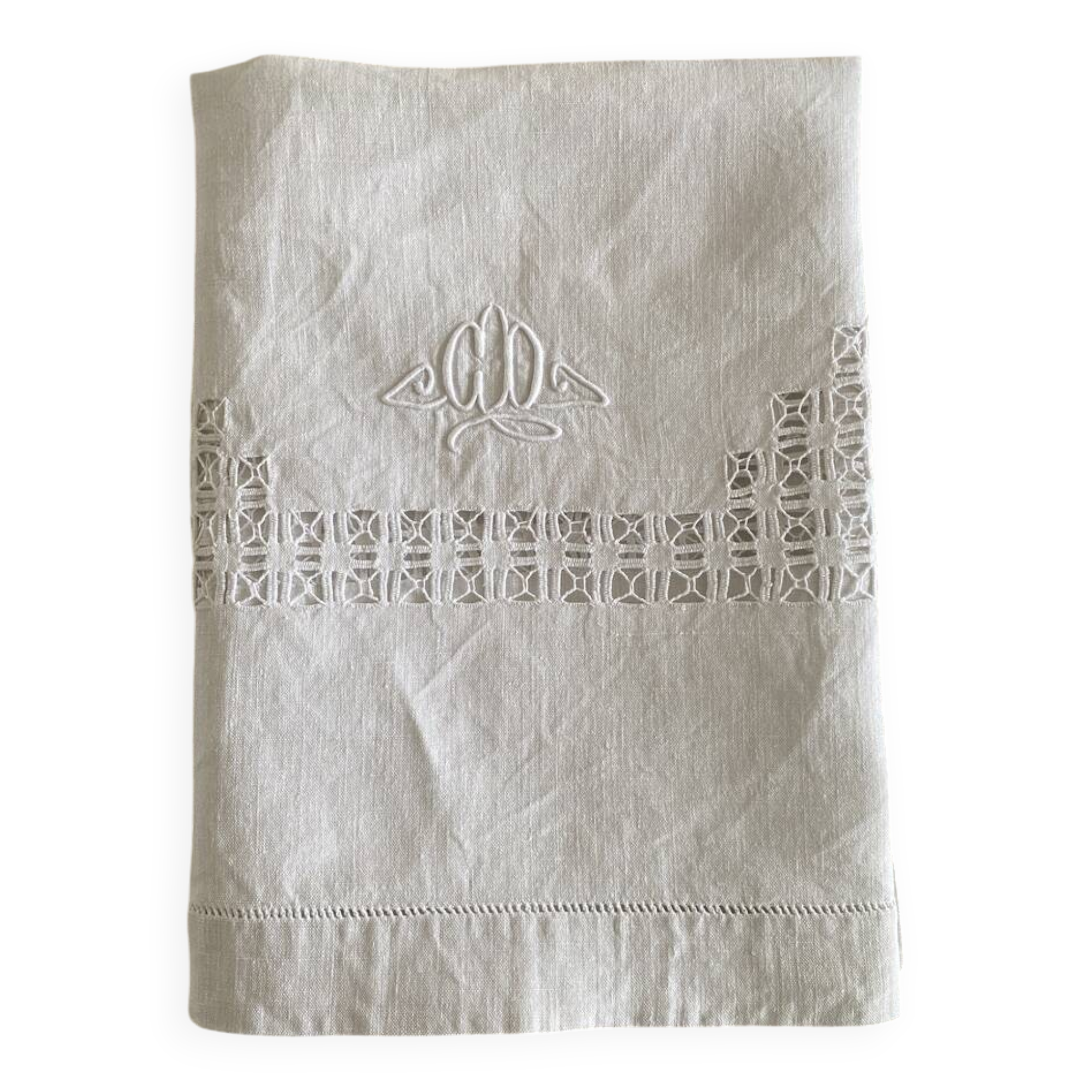 Antique tablecloth, English embroidery and "CD" monogram - 120x75 cm - Linen