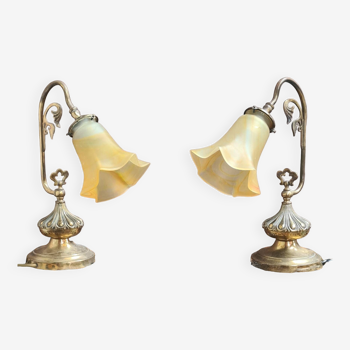 2 lampes  chevet bronze et laiton art nouveau avec tulipe marbré signé vianne 37x29