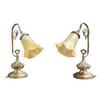 2 art nouveau bronze and brass bedside lamps with marbled tulip signed vianne 37x29